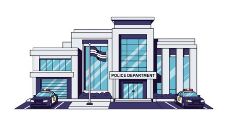 Flat vector illustration of police station building with flag, signage, and parked patrol cars. Solid clean palette, simple geometric shapes, no gradients, civic law enforcement theme © meeblues