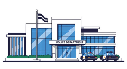 Flat vector illustration of police station building with flag, signage, and parked patrol cars. Solid clean palette, simple geometric shapes, no gradients, civic law enforcement theme © meeblues