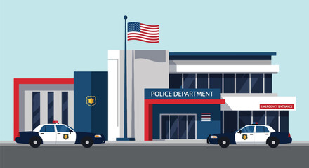 Flat vector illustration of police station building with flag, signage, and parked patrol cars. Solid clean palette, simple geometric shapes, no gradients, civic law enforcement theme © meeblues