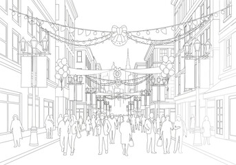 Festive Street Scene with People and Decorations Line Art