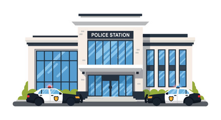 Flat vector illustration of police station building with flag, signage, and parked patrol cars. Solid clean palette, simple geometric shapes, no gradients, civic law enforcement theme