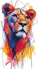Vertical illustration of a colorful lioness head. Modern abstract graphic art portrait of a wild animal with a dynamic sketch style