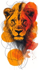 A modern mixed media illustration of a lion's head. Vertical portrait combining detailed ink drawing with abstract orange and red watercolor washes on a white background