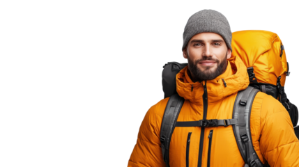 Man in orange jacket with backpack on transparent background