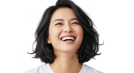 Joyful asian woman laughing enthusiastically vibrant expression portrait transparent background