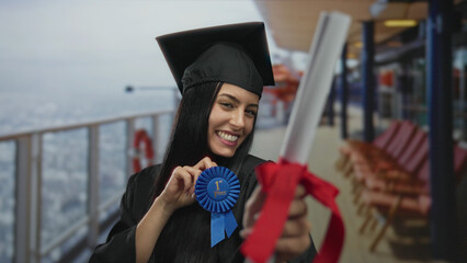 Hispanic woman in graduation uniform celebrates holding diploma and medal on a cruise ship deck by...