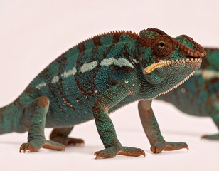 Obraz premium Veiled chameleon close up on a white background, highlighting its intricate skin patterns