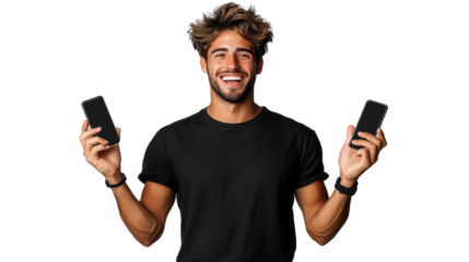 Smiling man holding two smartphones, transparent background
