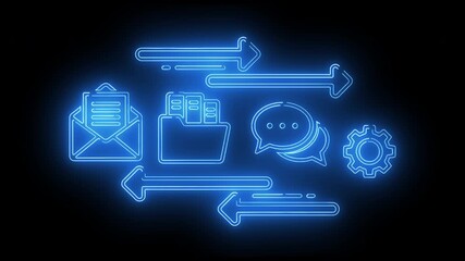 Communication and document exchange process showing messaging icons, file transfer, feedback loop, and coordinated digital workflow in neon lines - Powered by Adobe