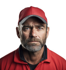 Fototapeta premium Serious man in red uniform with cap, on Transparent Background