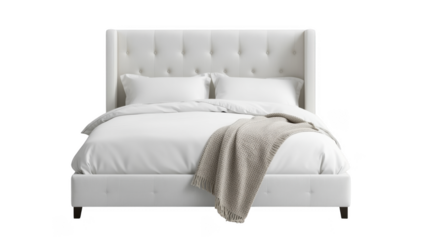 Elegant white queen size bed with tufted headboard and soft bedding isolated on transparent background