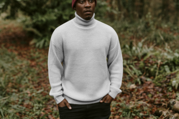 Turtleneck sweater png mockup, men's autumn outfits design, man in forest