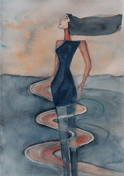 Abstract Woman at the Turning Point - Modern Hand-painted Watercolor Illustration