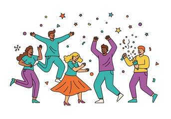 Diverse Group Celebrating with Confetti and Joyful Expressions in a Festive Scene
