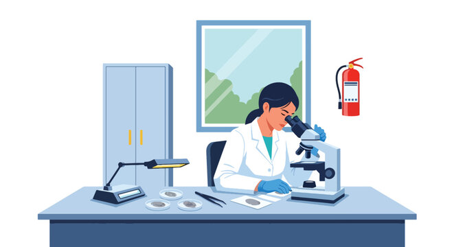 Flat vector illustration of forensic expert analyzing fingerprint samples in lab. Solid clean tones, no gradients, detailed investigation and scientific law enforcement concept