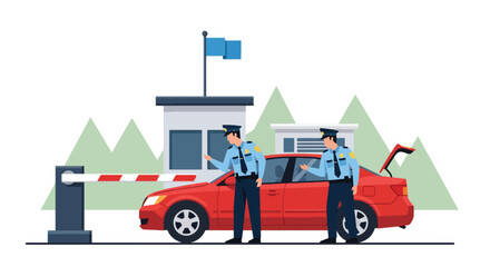 Flat vector illustration of officers checking vehicle at border checkpoint. Solid bold palette, clean layout, no gradients, travel safety and security inspection theme