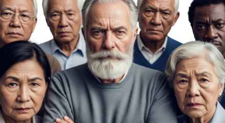 Diverse group of elderly faces portrayed with intense expressions and deep wrinkles transparent background