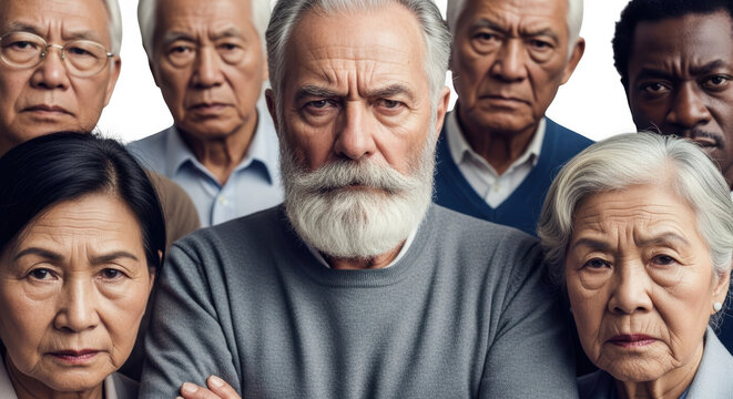 Diverse group of elderly faces portrayed with intense expressions and deep wrinkles transparent background