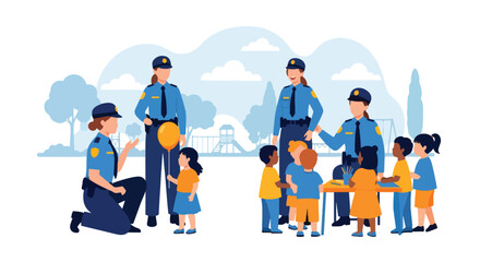 Flat vector illustration of police officers interacting with children at park outreach event. Solid bright palette, no gradients, community trust and safety promotion theme
