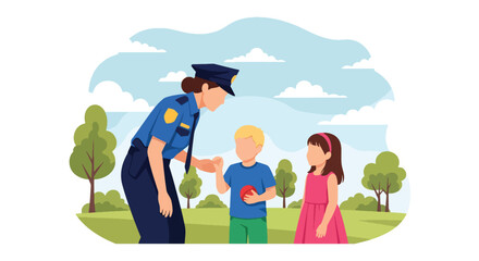 Flat vector illustration of police officers interacting with children at park outreach event. Solid bright palette, no gradients, community trust and safety promotion theme