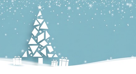 A light blue festive background featuring a stylized white Christmas tree, gifts, falling snowflakes, and a snowy landscape