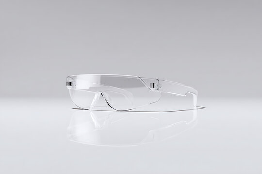 augmented reality glasses, smart glasses with clear frames displayed on reflective white surface with slight reflections