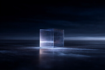 holographic data visualization, holographic data maps displayed by a floating transparent cube with cinematic light rays