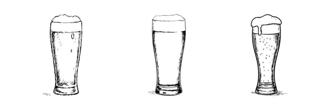 Three Beer Glasses Line Icon Set In Doodle Style. Craft Beer, Brewing, And Beverage Illustration Outline Sketch Collection. Hand Drawn Isolated Vector Illustration