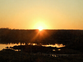 Golden Sunset Over Serene Waters and Distant Horizon