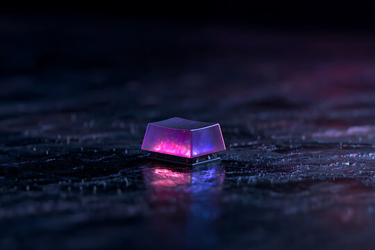 glowing keyboard art, close-up of a glowing rgb mechanical keyboard keycap with soft reflections in a dark, moody background