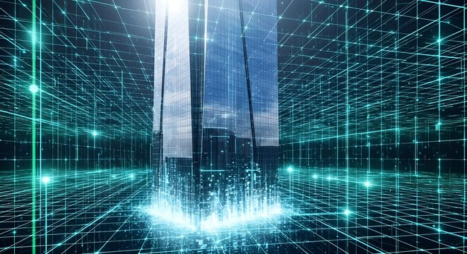 Futuristic Digital Cityscape with Glowing Data Grid and Abstract Building, representing AI, Metaverse, and Technology - Powered by Adobe