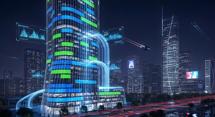 Futuristic cityscape at night with glowing skyscrapers, data streams, and flying vehicles, symbolizing innovation and technology.
