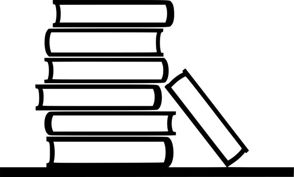 Minimalist black and white illustration depicting stack of books on a shelf, with one book leaning.
