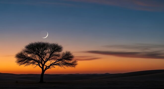 A lone tree silhouetted against a vibrant sunset sky, with a crescent moon peeking through the clouds above rolling hills