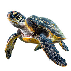 Fototapeta premium Sea turtle swimming; mottled shell. Black background