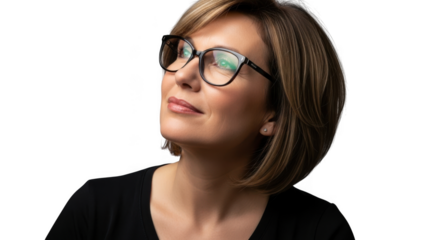 Elegant woman with glasses poses thoughtfully with a gentle smile and uplifting gaze transparent background
