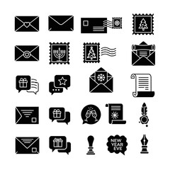 Icon set featuring holiday-themed envelopes, stamps, and gifts