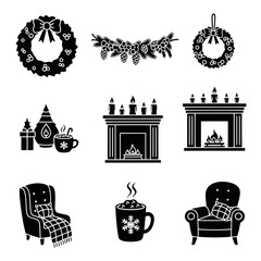 Christmas icon set featuring wreaths, gifts, and cozy elements