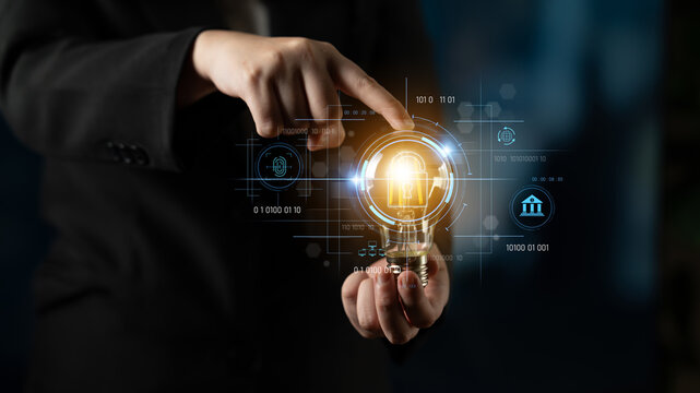 Cybersecurity system interface with biometric lock and data protection. Cybersecurity protects access, identity, cyber security prevents threats, and cyber security supports digital systems. Latch - Powered by Adobe