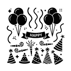 Black party icon set featuring balloons, hats, and confetti