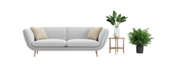 Modern living room interior with a gray sofa, side table, and plants isolated on transparent background