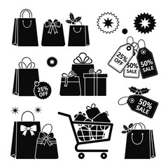 Black shopping icon set featuring gifts and sale tags for holidays