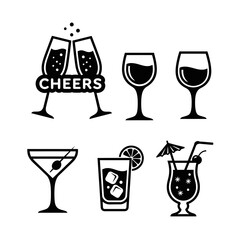 Cheers icon set featuring various drink glasses in minimalist style