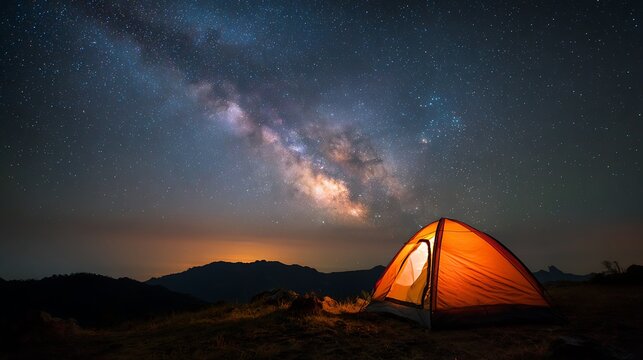 Night Tent Under Starry Sky Landscape Remote Adventure Camping Scene in Wilderness for Travel Nature Retreat and Outdoor Blogs.