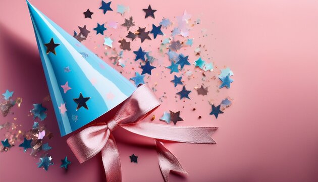 light blue party hat with pink ribbon and star confetti on pink surface birthday celebration - Powered by Adobe