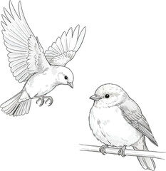 Obraz premium Two birds, one in flight and one perched on a branch