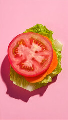 Macro shot of a slice of tomato, carrots and a lettuce on a  pink background. Vegetable Food photography