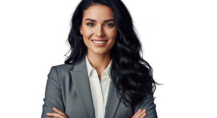 Confident businesswoman smiling with arms crossed professional portrait in gray suit transparent background