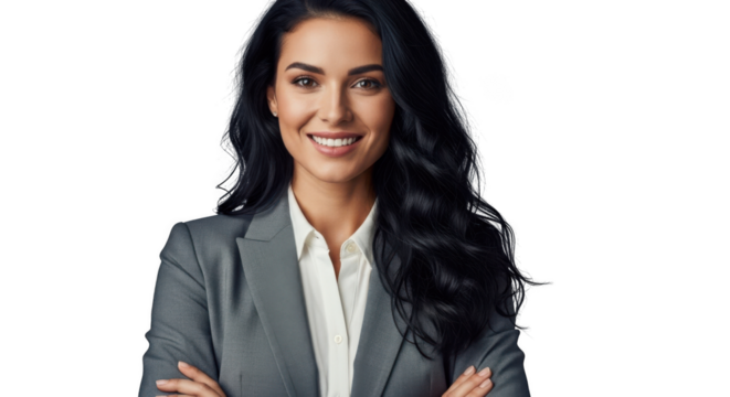 Confident businesswoman smiling with arms crossed professional portrait in gray suit transparent background - Powered by Adobe