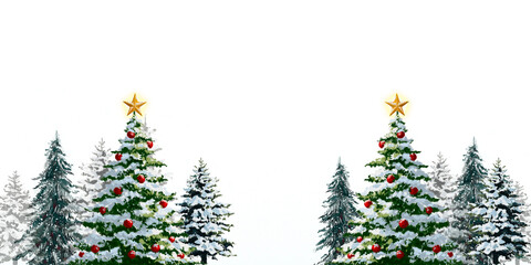 christmas tree and decorations with snowflakes and stars winter forest illustration with glowing under starry sky, for New Year cards and wallpapers hand drawn illustration on transparent background.